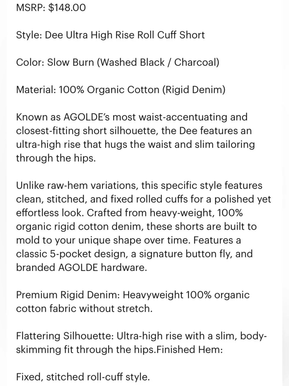 Agolde Dee High Rise Denim Jean Shorts Size 28 Black Slow Burn Organic Cotton